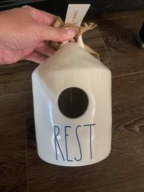 Rae Dunn Cream Ceramic Birdhouse with Blue "REST" Lettering